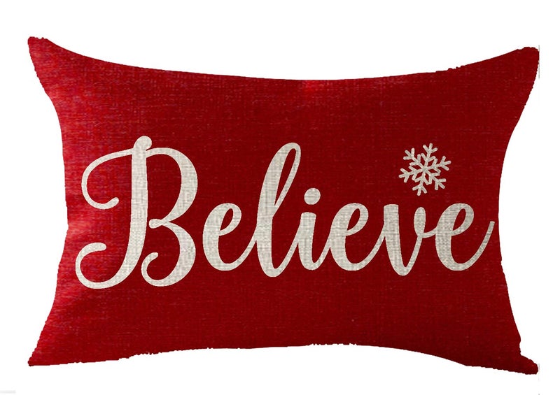 FELENIW Happy Winter Snowflakes Believe Merry Christmas Throw Pillow Cover Cushion Case Cotton Linen Material Decorative Lumbar 12X20 inches - Image 1